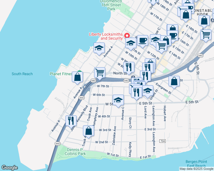 map of restaurants, bars, coffee shops, grocery stores, and more near 110 West 7th Street in Bayonne