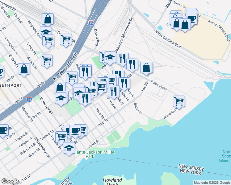 map of restaurants, bars, coffee shops, grocery stores, and more near 145 Port Avenue in Elizabeth