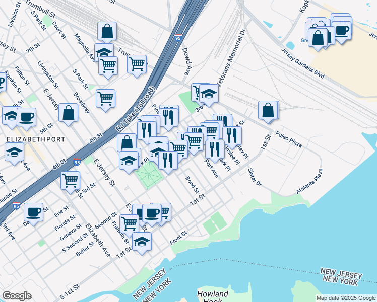 map of restaurants, bars, coffee shops, grocery stores, and more near 233 Second Street in Elizabeth