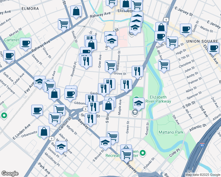 map of restaurants, bars, coffee shops, grocery stores, and more near 691 Garden Street in Elizabeth