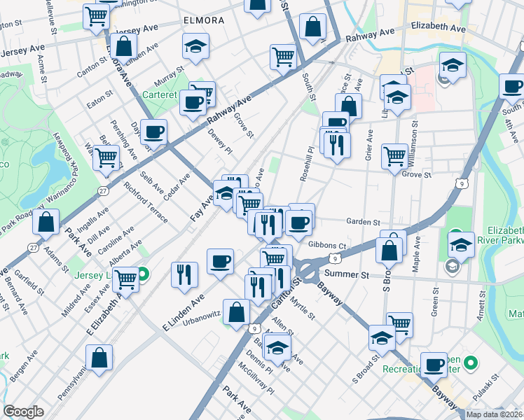 map of restaurants, bars, coffee shops, grocery stores, and more near 983 South Elmora Avenue in Elizabeth