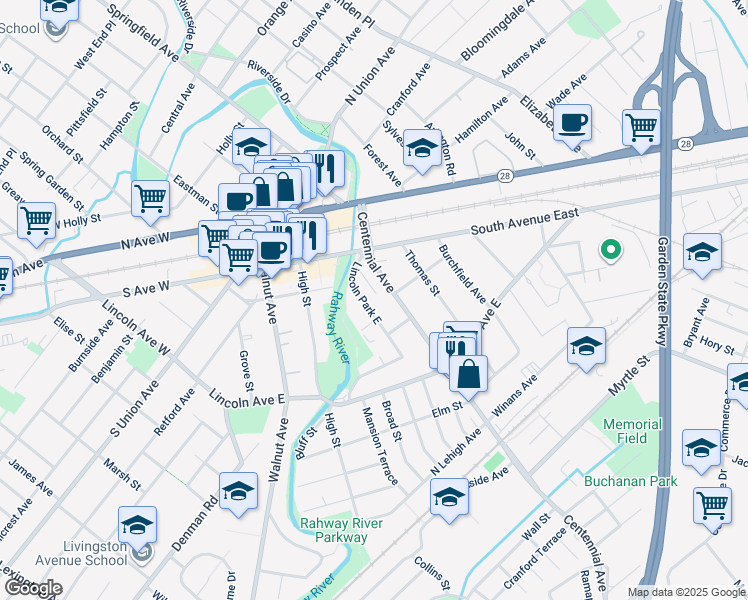 map of restaurants, bars, coffee shops, grocery stores, and more near 603 Lincoln Park East in Cranford