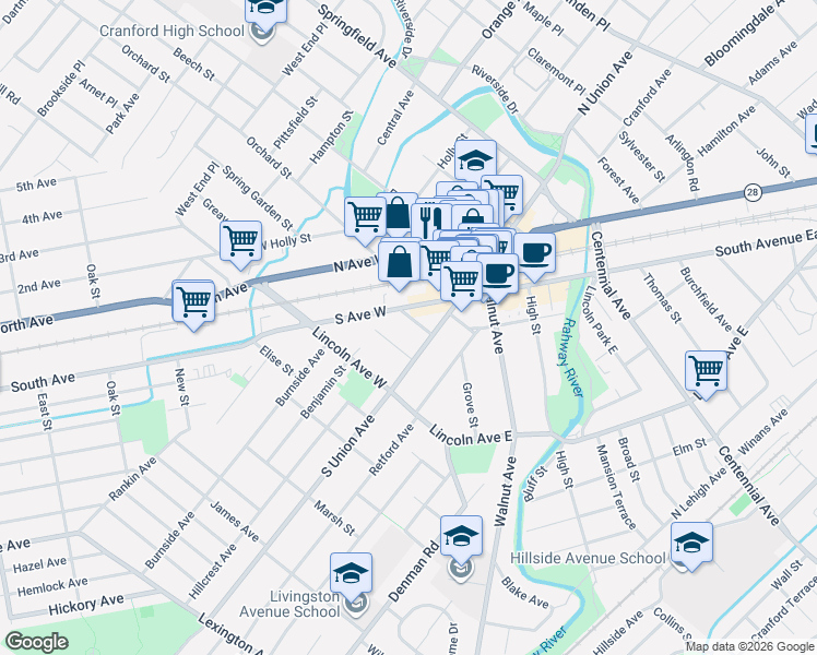 map of restaurants, bars, coffee shops, grocery stores, and more near 39 South Union Avenue in Cranford