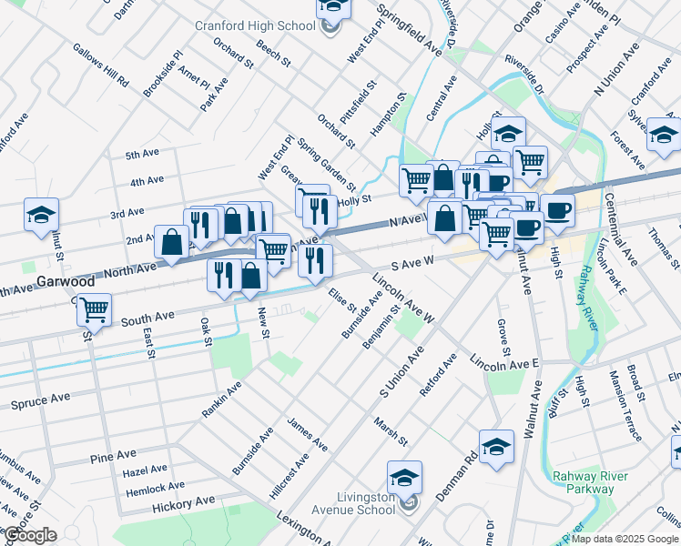 map of restaurants, bars, coffee shops, grocery stores, and more near 117 South Avenue in Cranford