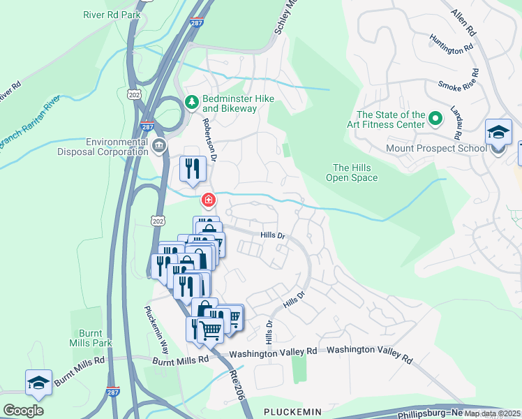 map of restaurants, bars, coffee shops, grocery stores, and more near 74 Stone Run Road in Bedminster