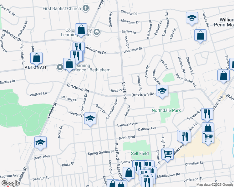 map of restaurants, bars, coffee shops, grocery stores, and more near 1606 Butztown Road in Bethlehem