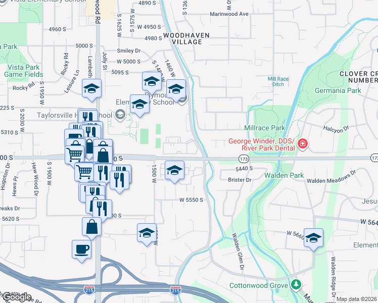 map of restaurants, bars, coffee shops, grocery stores, and more near 1352 West Telegraph Hill Drive in Taylorsville