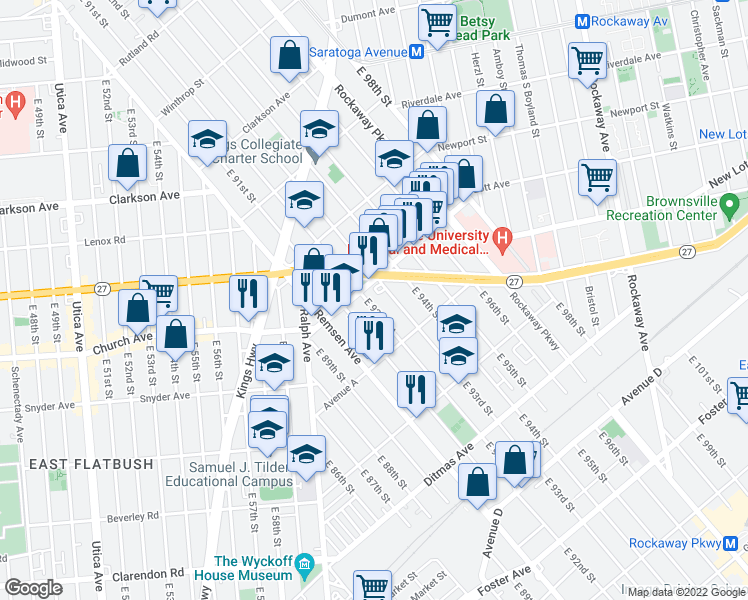 map of restaurants, bars, coffee shops, grocery stores, and more near 547 East 92nd Street in Brooklyn