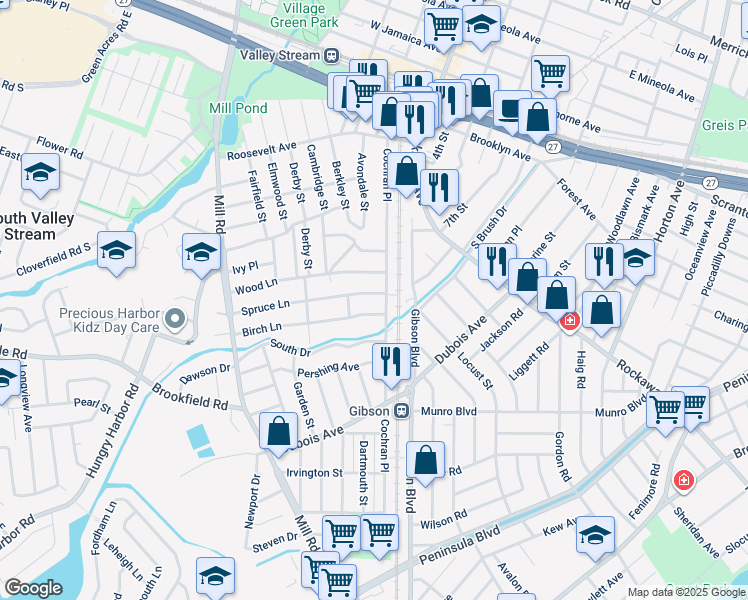 map of restaurants, bars, coffee shops, grocery stores, and more near 186 Cochran Place in Valley Stream