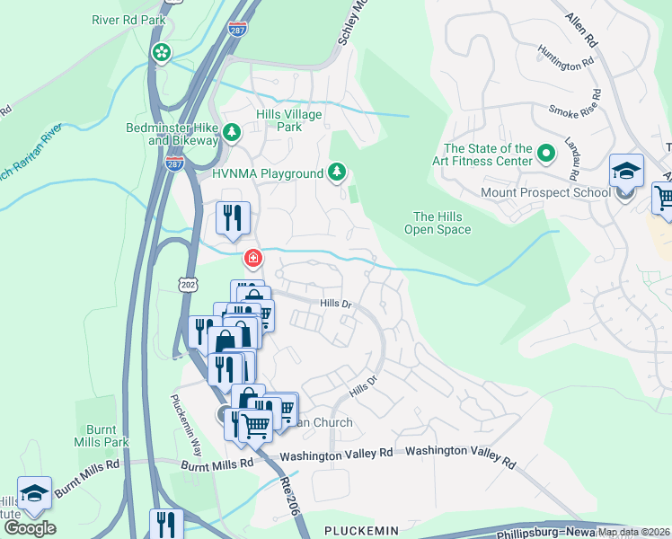 map of restaurants, bars, coffee shops, grocery stores, and more near 74 Stone Run Road in Bedminster