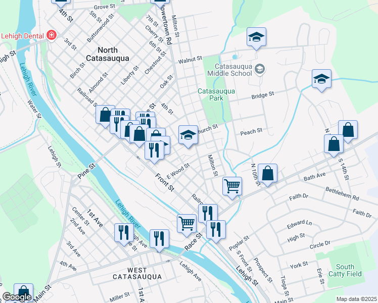 map of restaurants, bars, coffee shops, grocery stores, and more near 330 Howertown Road in Catasauqua