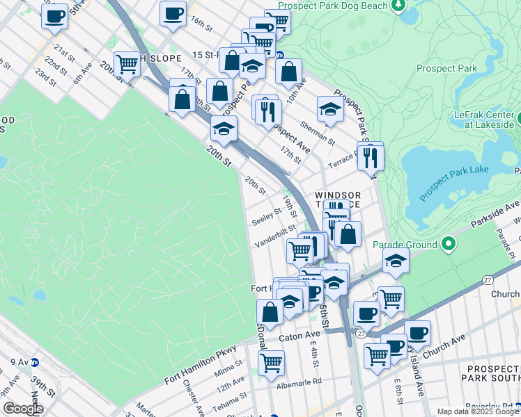 map of restaurants, bars, coffee shops, grocery stores, and more near 42 Seeley Street in Brooklyn