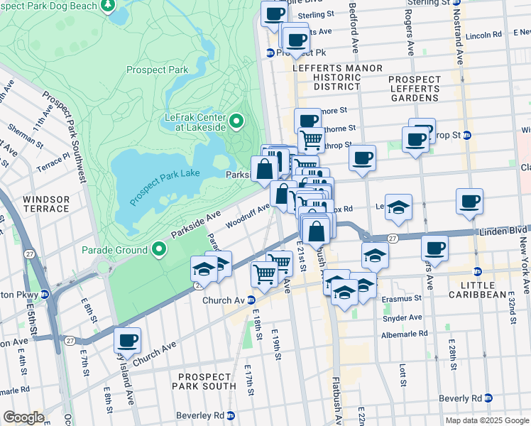 map of restaurants, bars, coffee shops, grocery stores, and more near 100 Woodruff Avenue in Brooklyn