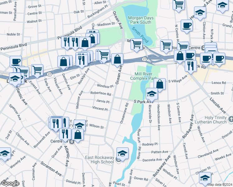 map of restaurants, bars, coffee shops, grocery stores, and more near 195 Ocean Avenue in Lynbrook