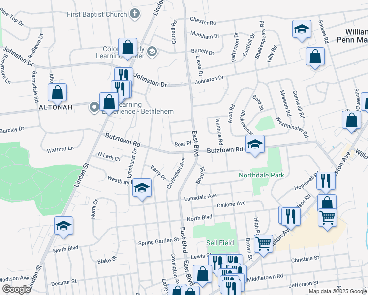 map of restaurants, bars, coffee shops, grocery stores, and more near 1606 Butztown Road in Bethlehem