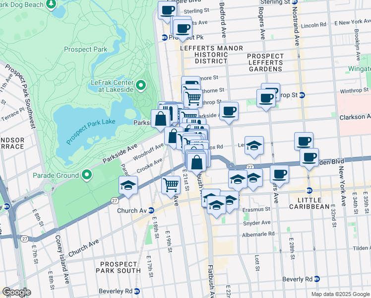 map of restaurants, bars, coffee shops, grocery stores, and more near 75 East 21st Street in Brooklyn