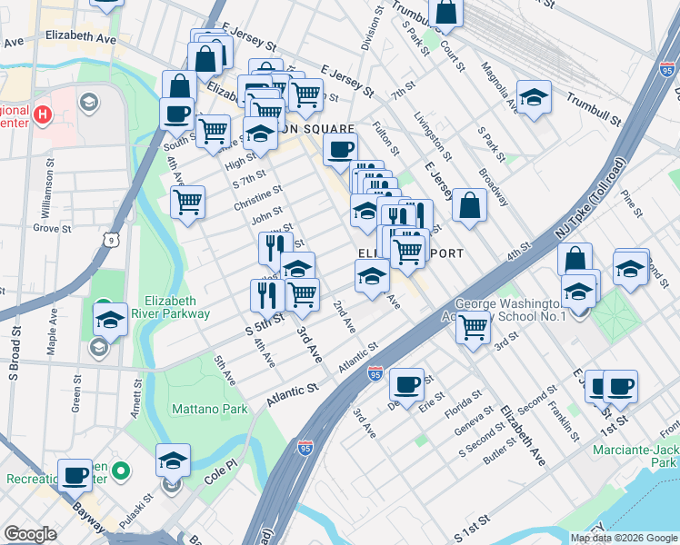 map of restaurants, bars, coffee shops, grocery stores, and more near 27 South 5th Street in Elizabeth