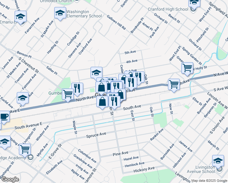 map of restaurants, bars, coffee shops, grocery stores, and more near 57 Center Street in Garwood