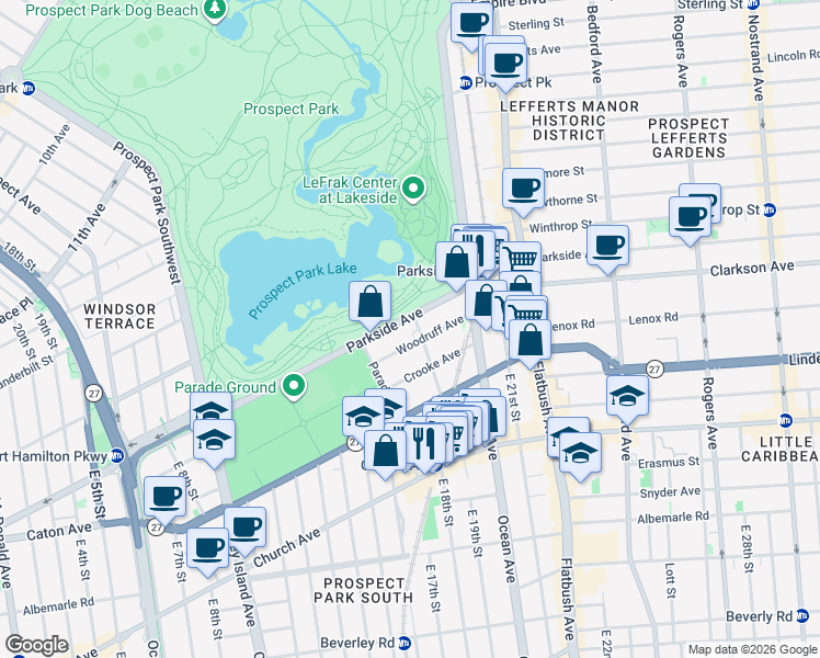 map of restaurants, bars, coffee shops, grocery stores, and more near 25 Woodruff Avenue in Brooklyn