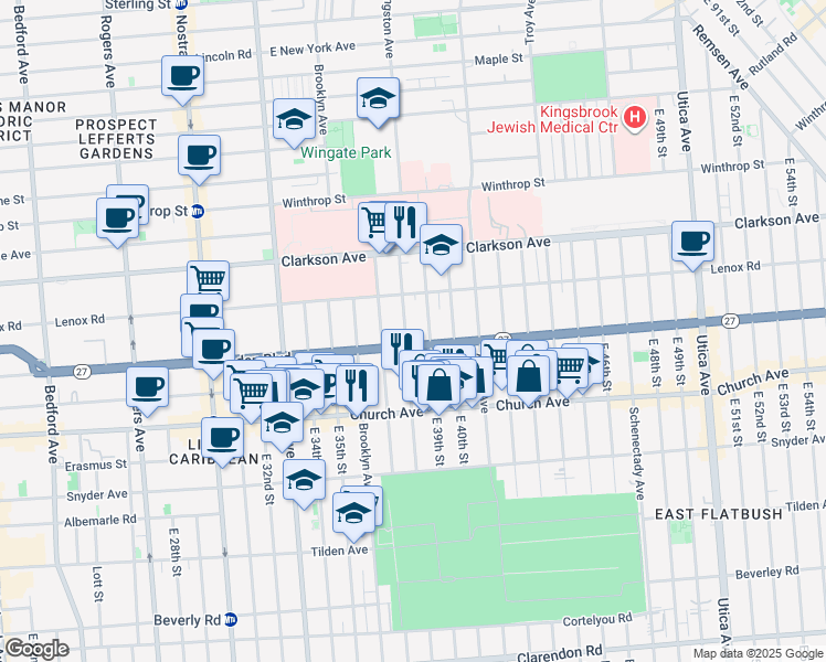 map of restaurants, bars, coffee shops, grocery stores, and more near 446 Linden Boulevard in Brooklyn