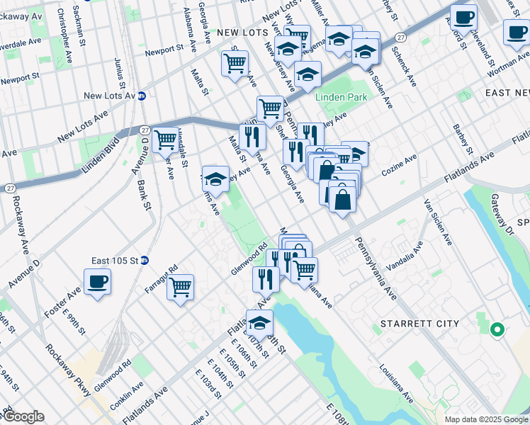 map of restaurants, bars, coffee shops, grocery stores, and more near 303 Louisiana Avenue in Brooklyn