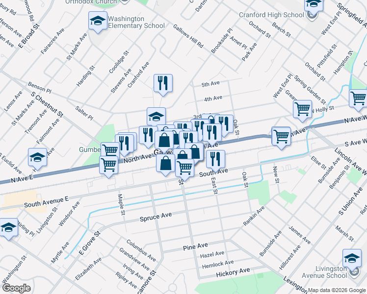 map of restaurants, bars, coffee shops, grocery stores, and more near 336 North Avenue in Garwood