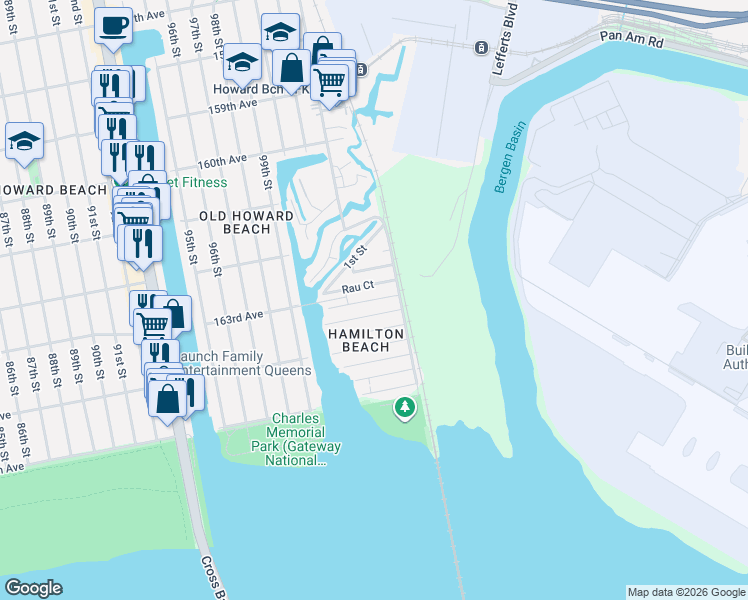 map of restaurants, bars, coffee shops, grocery stores, and more near 102-22 163rd Road in Queens