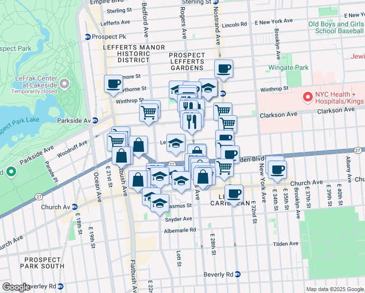 map of restaurants, bars, coffee shops, grocery stores, and more near 135 Linden Boulevard in Brooklyn