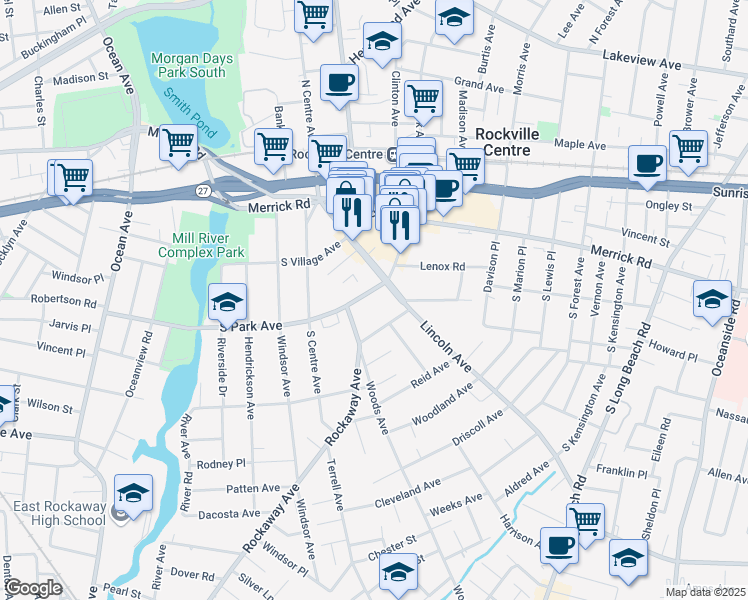 map of restaurants, bars, coffee shops, grocery stores, and more near 77 South Park Avenue in Rockville Centre