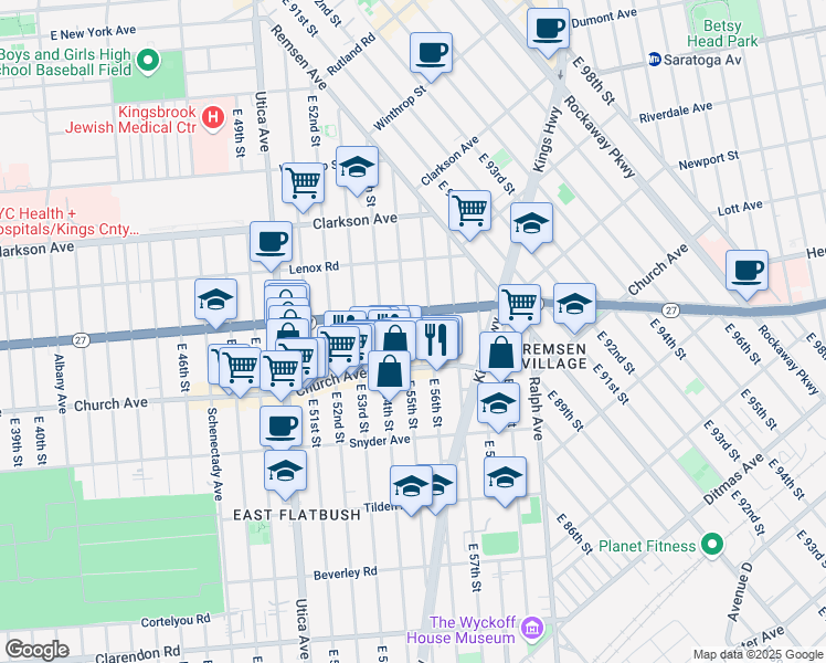 map of restaurants, bars, coffee shops, grocery stores, and more near 204 East 55th Street in Brooklyn