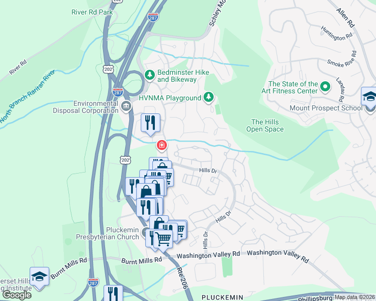 map of restaurants, bars, coffee shops, grocery stores, and more near 2 Calgery Lane in Bedminster