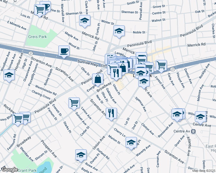 map of restaurants, bars, coffee shops, grocery stores, and more near 20 Oakland Avenue in Lynbrook