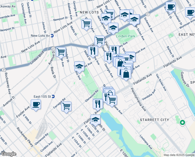 map of restaurants, bars, coffee shops, grocery stores, and more near 303 Louisiana Avenue in Brooklyn