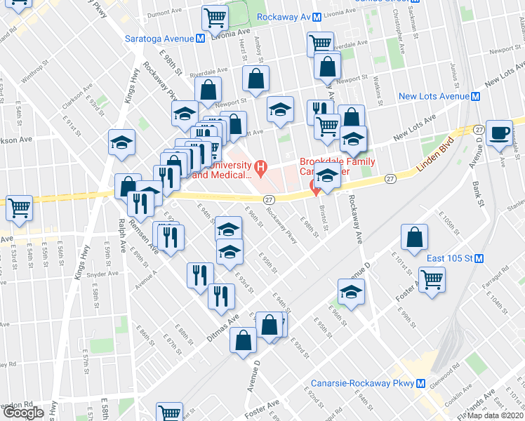 map of restaurants, bars, coffee shops, grocery stores, and more near 626 Rockaway Parkway in Brooklyn