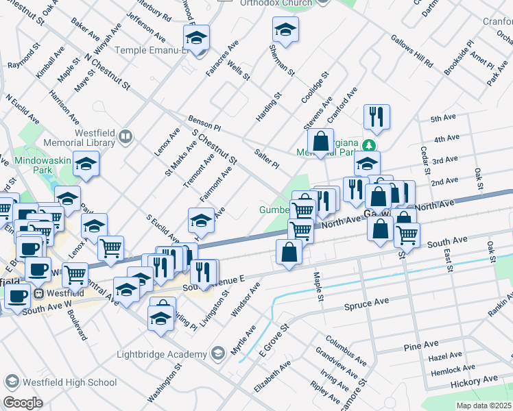map of restaurants, bars, coffee shops, grocery stores, and more near 649 4th Avenue in Westfield