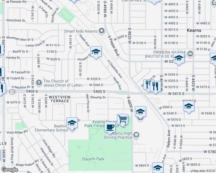 map of restaurants, bars, coffee shops, grocery stores, and more near 4949 West 5360 South in Kearns