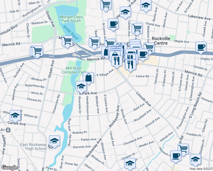 map of restaurants, bars, coffee shops, grocery stores, and more near 111 South Centre Avenue in Rockville Centre