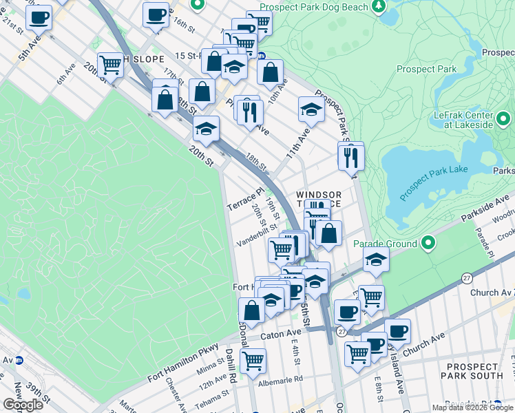 map of restaurants, bars, coffee shops, grocery stores, and more near 42 Seeley Street in Brooklyn