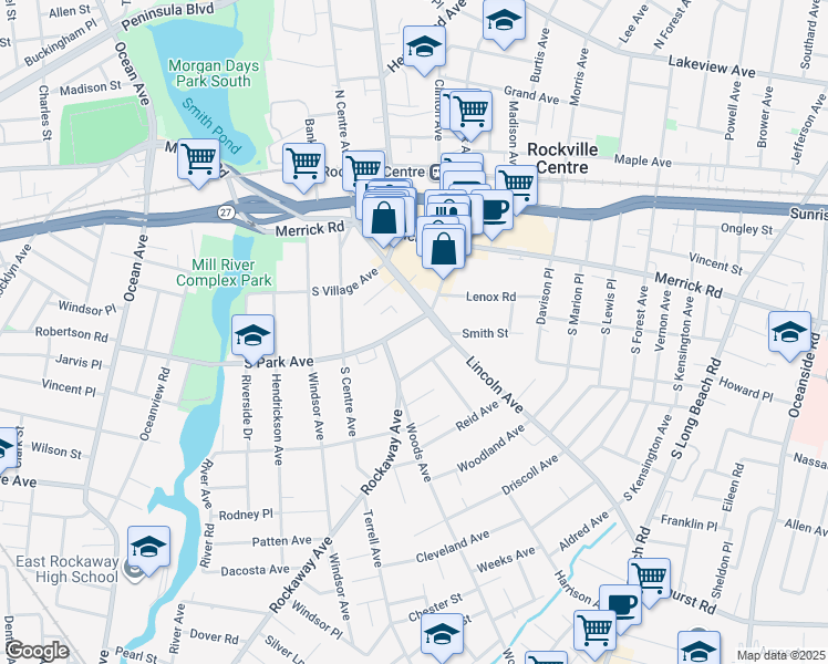 map of restaurants, bars, coffee shops, grocery stores, and more near 32 Rockaway Avenue in Rockville Centre