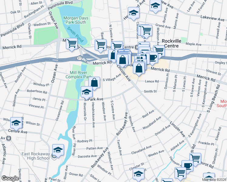 map of restaurants, bars, coffee shops, grocery stores, and more near 111 South Centre Avenue in Rockville Centre