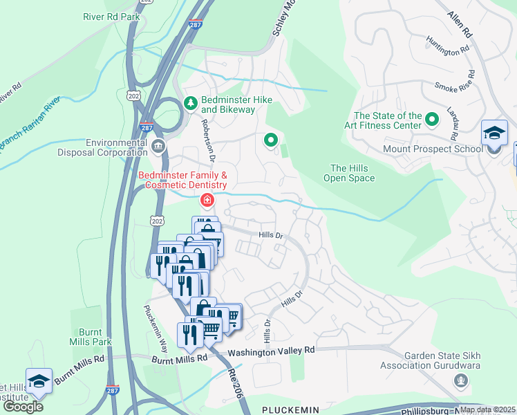 map of restaurants, bars, coffee shops, grocery stores, and more near 42 Stone Run Road in Bedminster Township