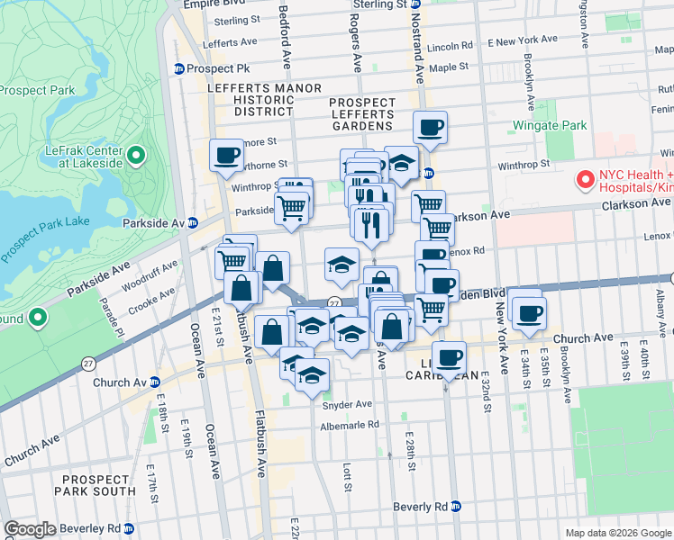 map of restaurants, bars, coffee shops, grocery stores, and more near 135 Linden Boulevard in Brooklyn
