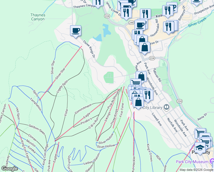 map of restaurants, bars, coffee shops, grocery stores, and more near 405 Silver King Drive in Park City