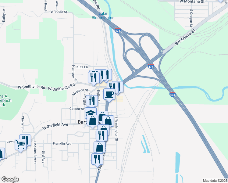 map of restaurants, bars, coffee shops, grocery stores, and more near 6000 Southwest Adams Street in Bartonville