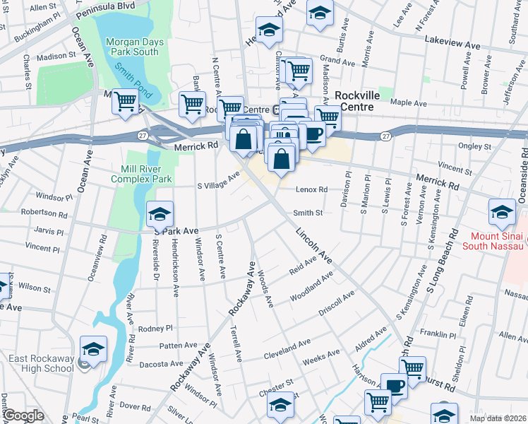 map of restaurants, bars, coffee shops, grocery stores, and more near 32 Rockaway Avenue in Rockville Centre