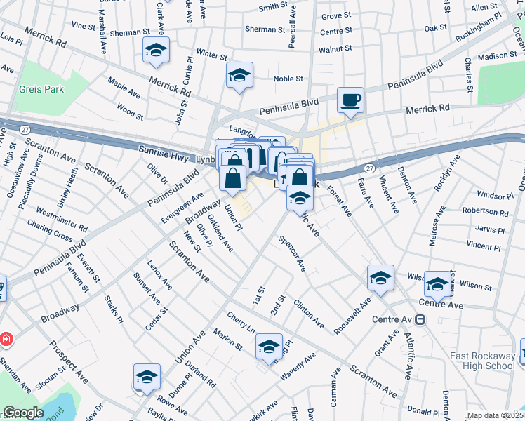 map of restaurants, bars, coffee shops, grocery stores, and more near 16 Etta Place in Lynbrook