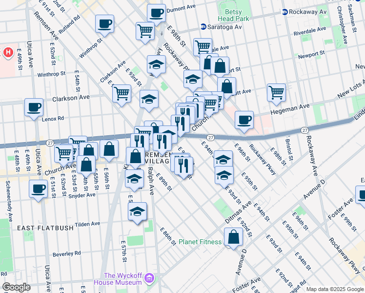 map of restaurants, bars, coffee shops, grocery stores, and more near 555 East 91st Street in Brooklyn
