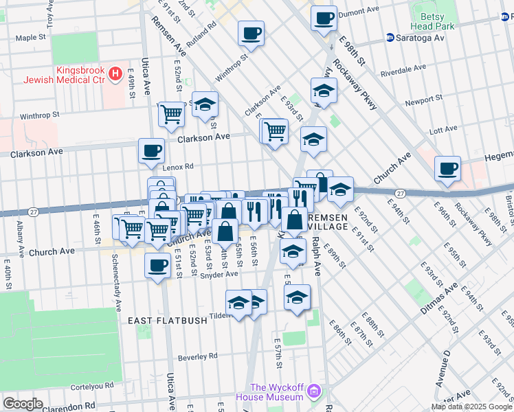 map of restaurants, bars, coffee shops, grocery stores, and more near 169 East 56th Street in Brooklyn