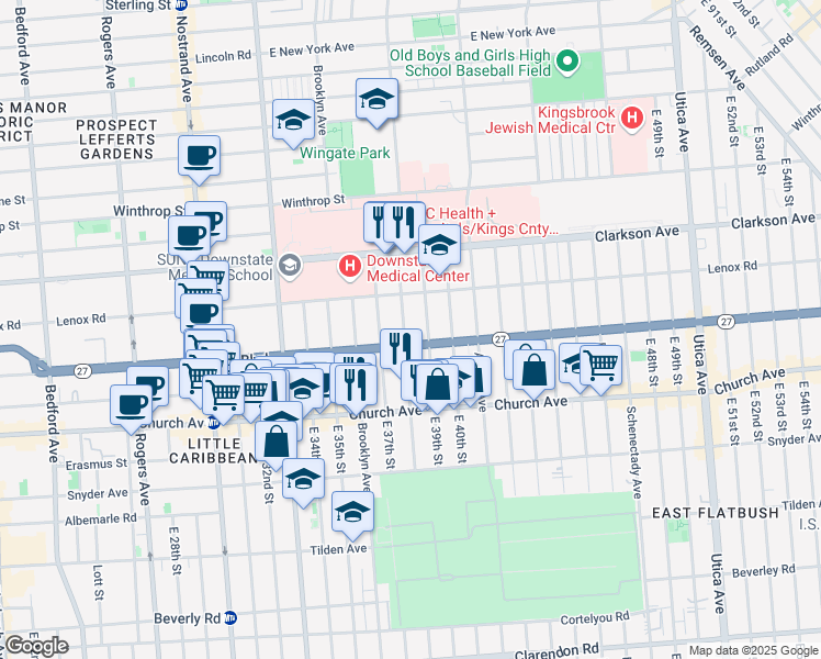 map of restaurants, bars, coffee shops, grocery stores, and more near 450 Linden Boulevard in Brooklyn