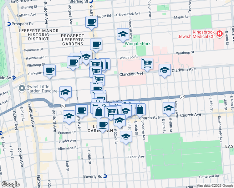 map of restaurants, bars, coffee shops, grocery stores, and more near 335 Linden Boulevard in Brooklyn